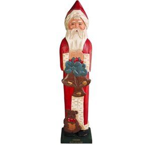 Carved Wood Santa Claus Tall Folkart Xmas Belgium Handpainted Mercuries 1994 Vtg